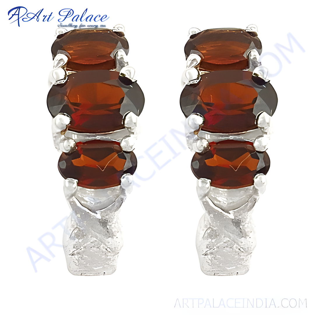925 sterling silver hoop earrings with three oval-cut, dark red garnet gemstones for women.