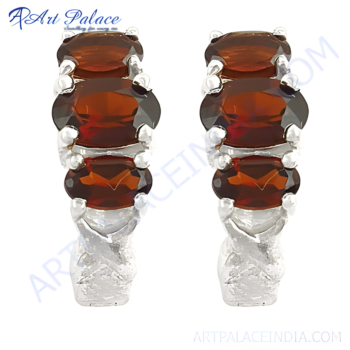 925 sterling silver hoop earrings with three oval cut, dark red garnet gemstones for women