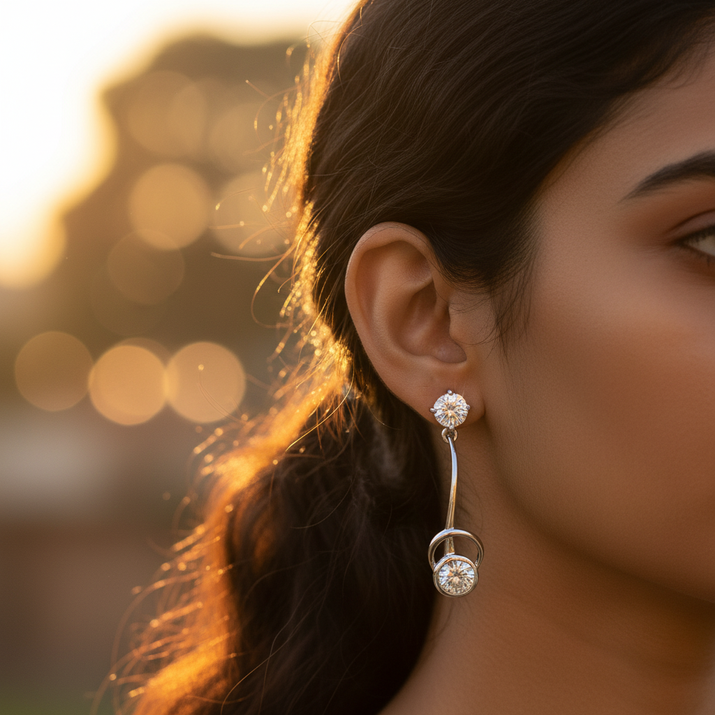 女士银色立方氧化锆水滴耳环 | 垂坠式首饰