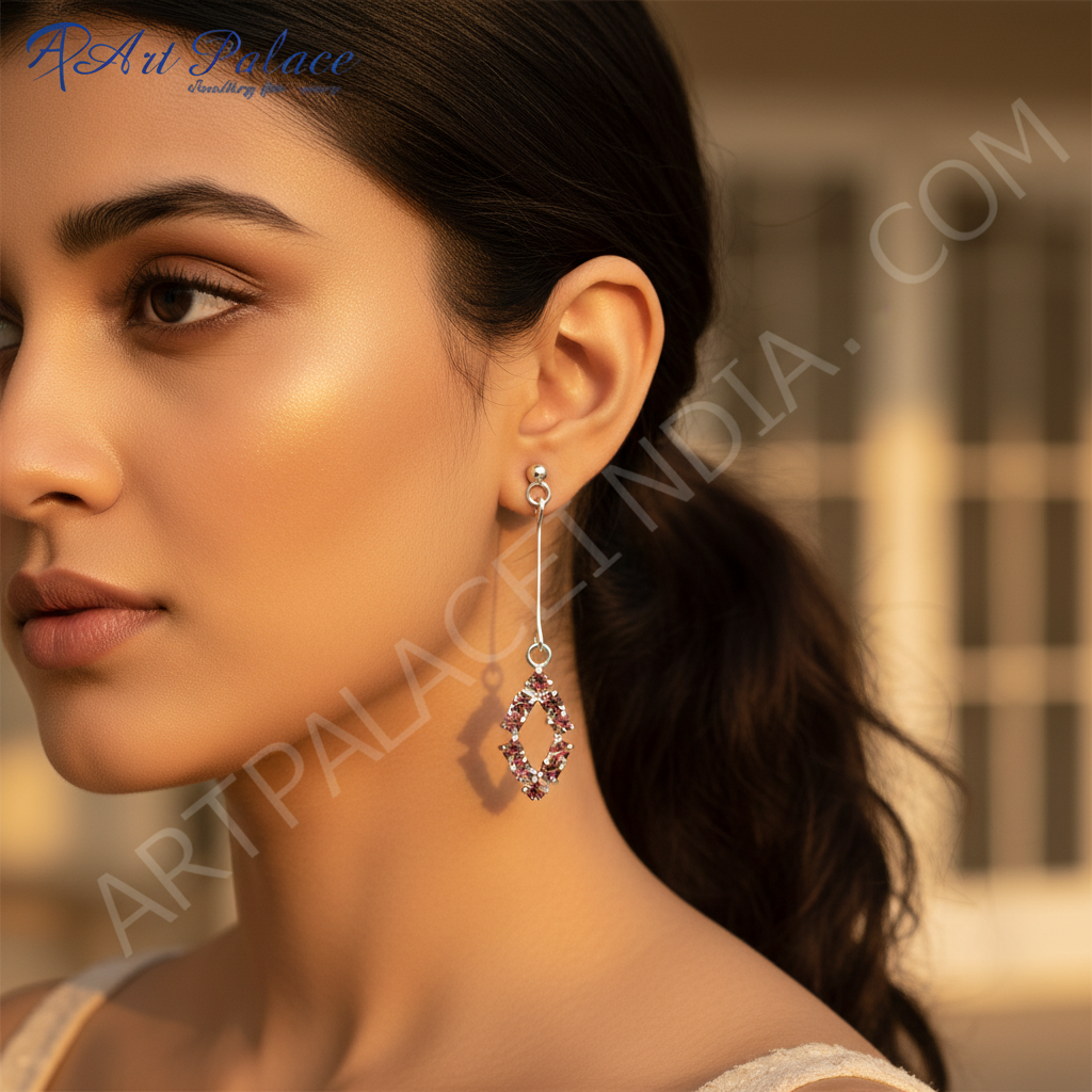 Silver Rhombus Drop Earrings with Pink Gemstones | Women's Jewelry