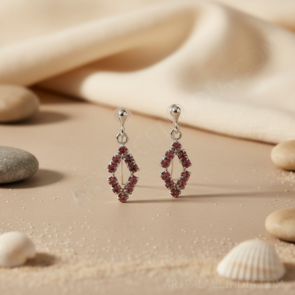 Silver Rhombus Drop Earrings with Pink Gemstones | Women's Jewelry
