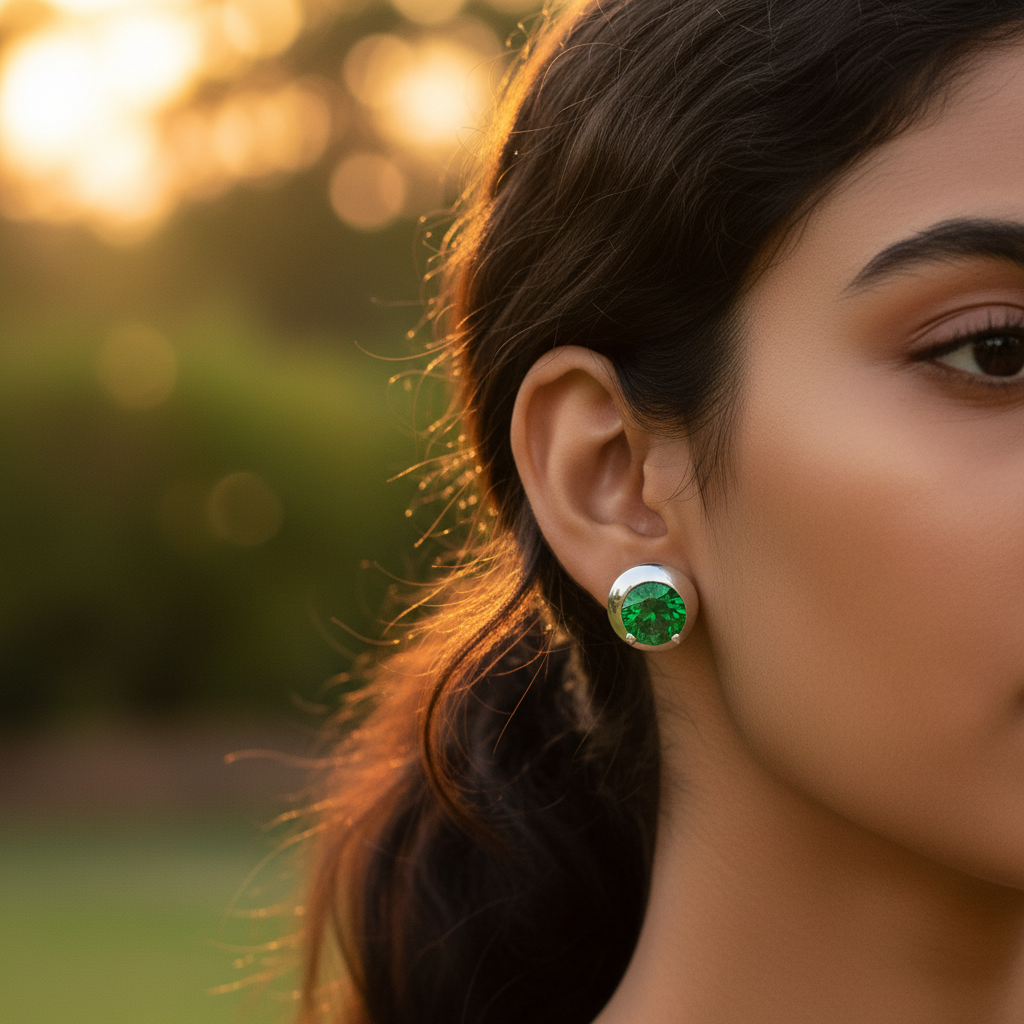 925 Silver Green Emerald Stud Earrings | Women's Jewelry Gift