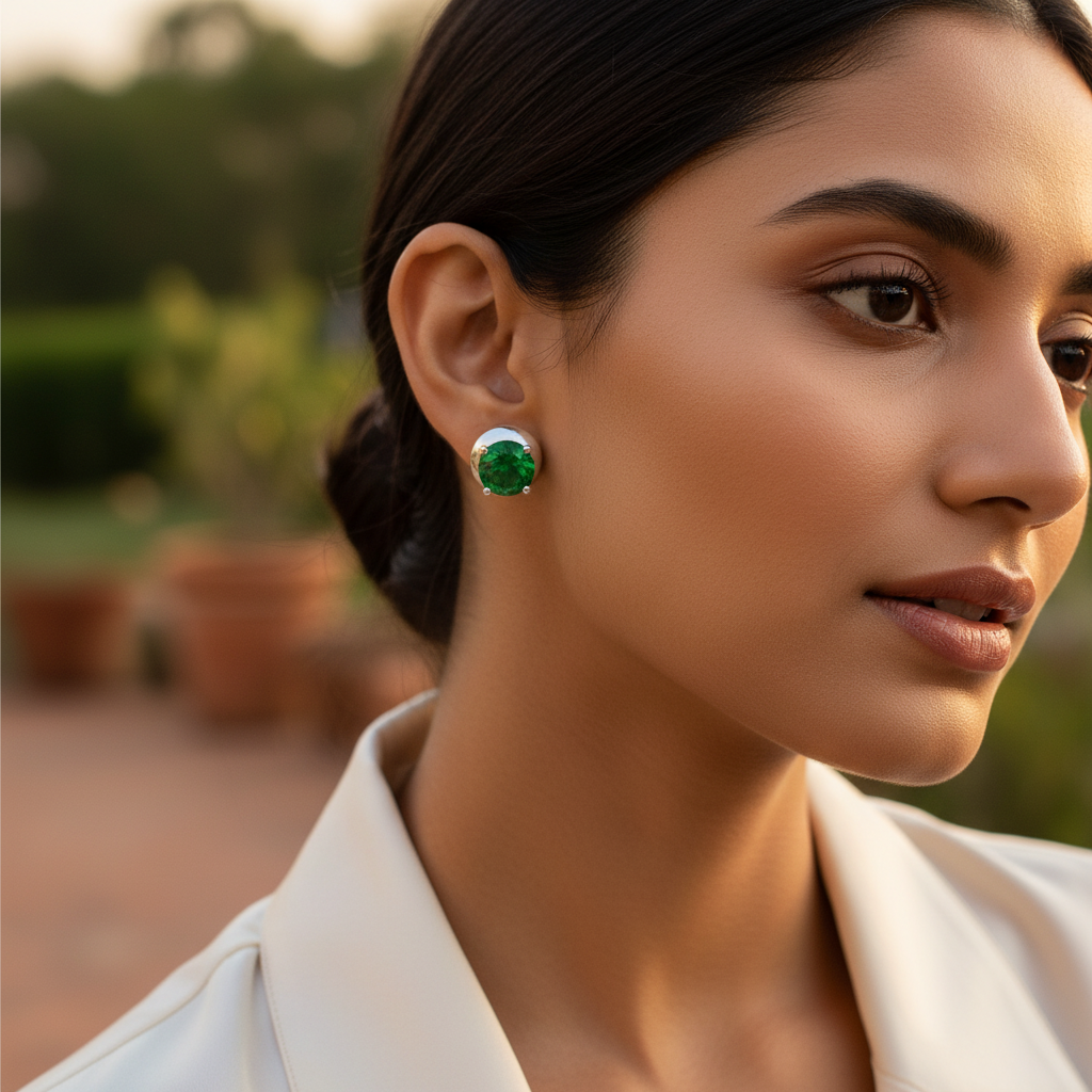 925 Silver Green Emerald Stud Earrings | Women's Jewelry Gift