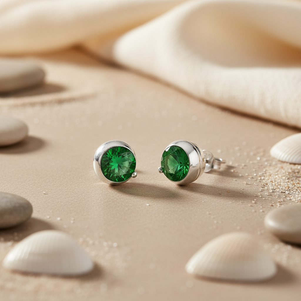 925 Silver Green Emerald Stud Earrings | Women's Jewelry Gift