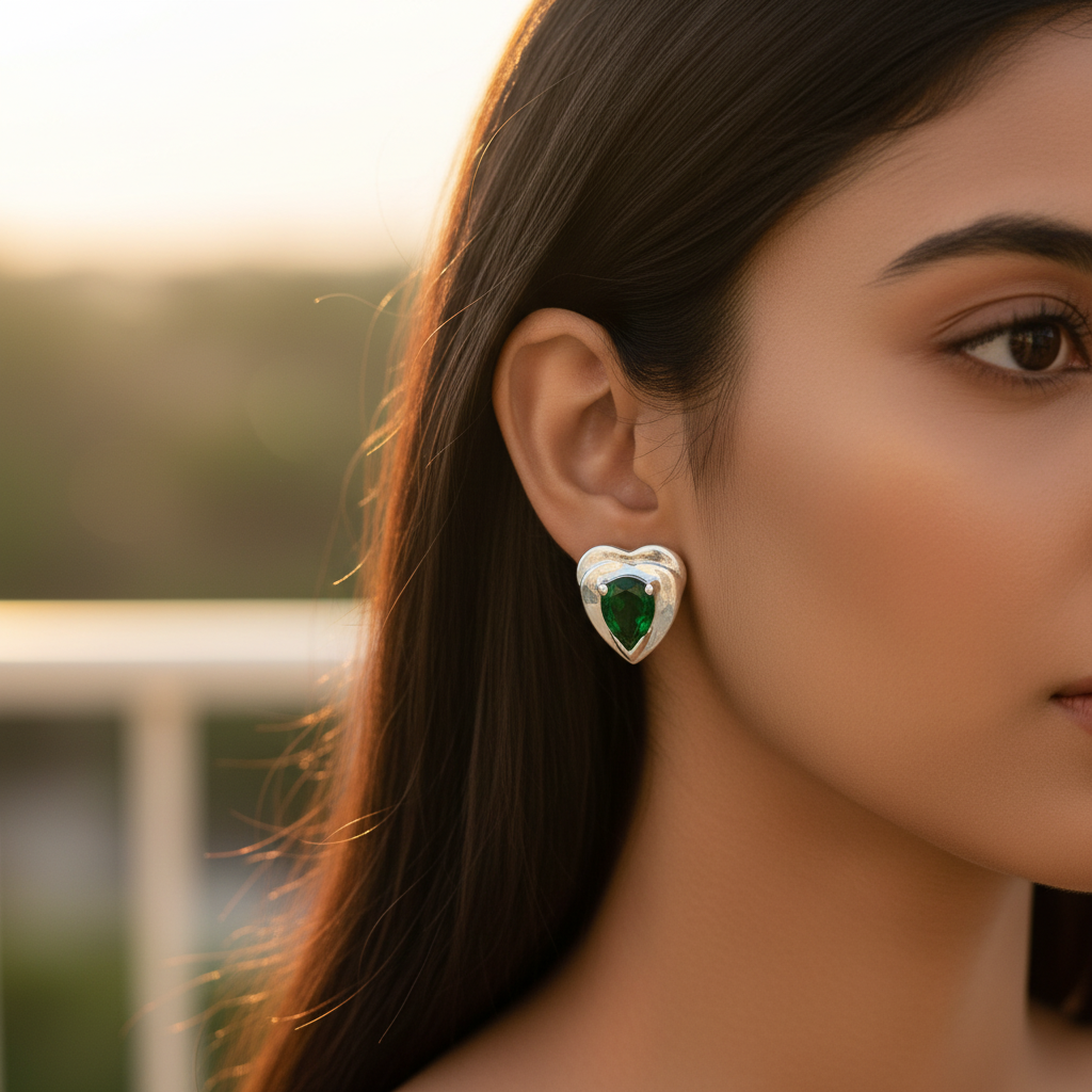 Silver Heart-Shaped Emerald Stud Earrings for Women