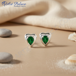 Load image into Gallery viewer, Silver Heart-Shaped Emerald Stud Earrings for Women

