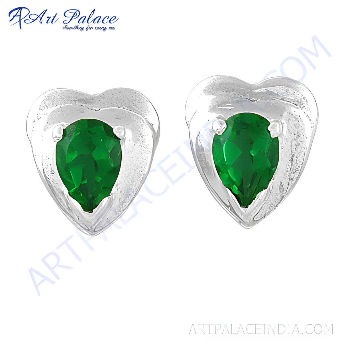 Heart shaped silver stud earrings with vibrant green emerald gemstones, perfect for any occasion