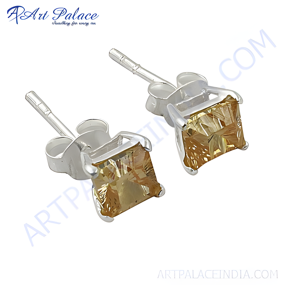 925 sterling silver stud earrings with square-cut yellow citrine gemstones.