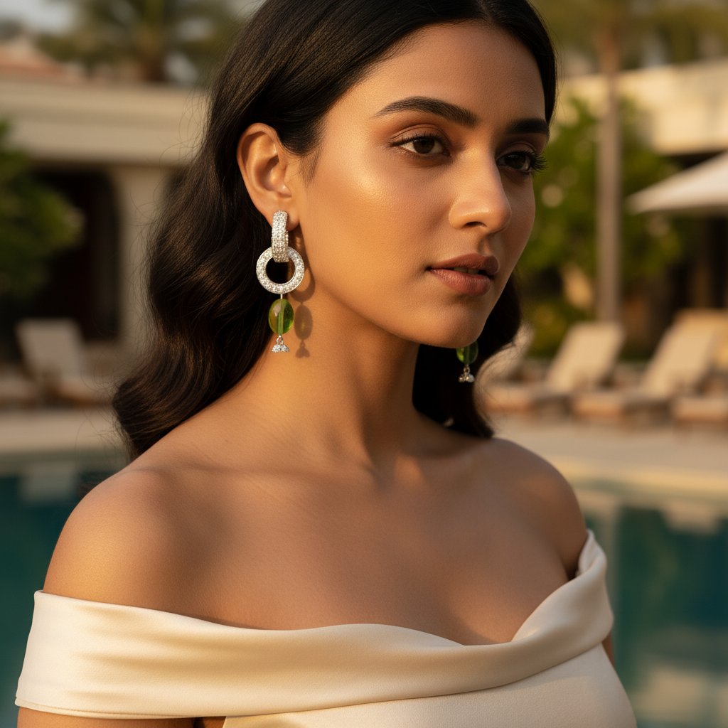 Silver Dangle Earrings with Green Stone | Women's Fashion Jewelry