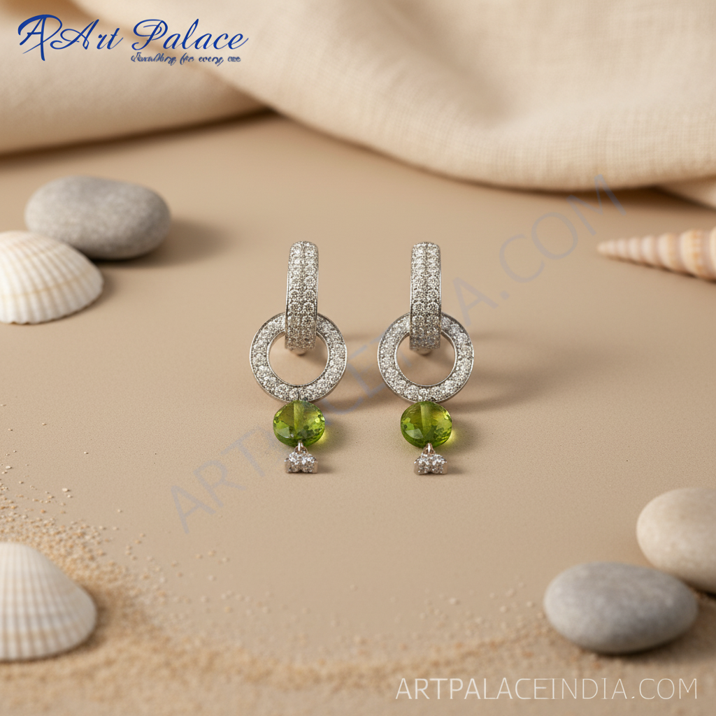 Silver Dangle Earrings with Green Stone | Women's Fashion Jewelry