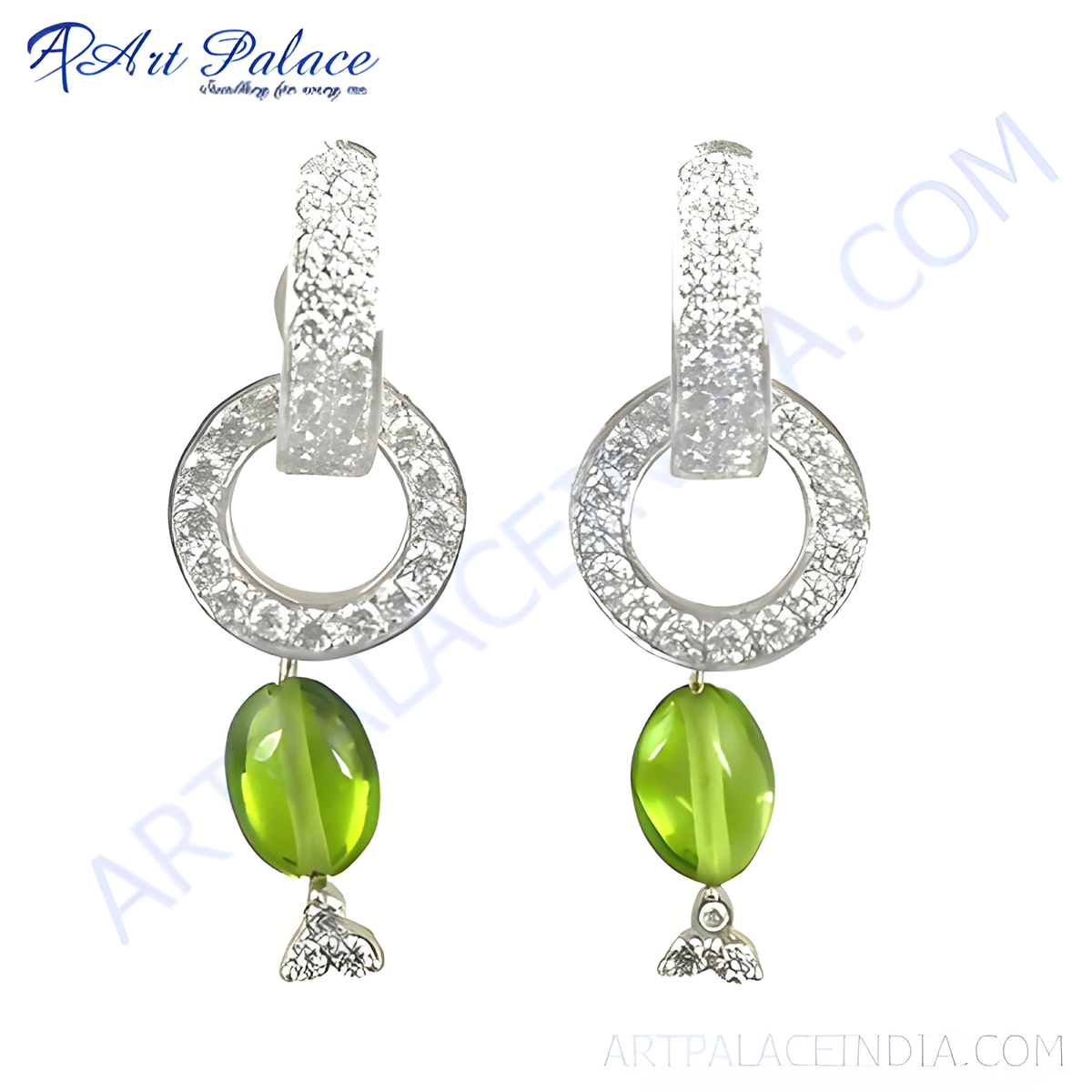 Silver dangle earrings featuring a green gemstone and sparkling clear stones, ideal for women