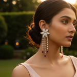 Load image into Gallery viewer, Pendientes de plata con flores y gotas de rubí | Pendientes colgantes para mujer
