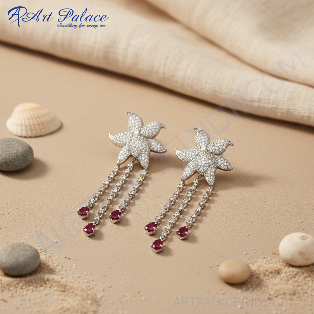 Pendientes de plata con flores y gotas de rubí | pendientes colgantes para mujer