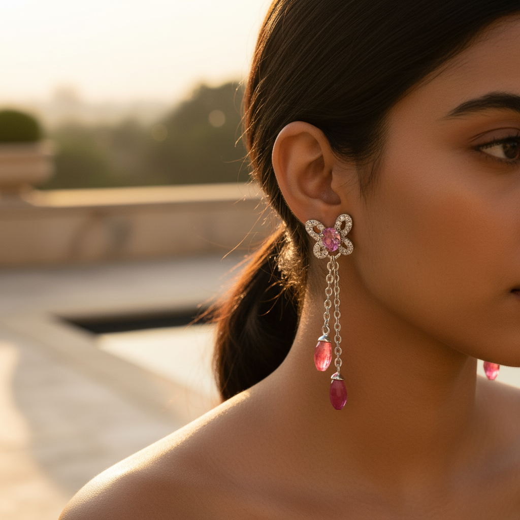 Silver Dangle Earrings with Pink Gemstones | Women's Jewelry Gift