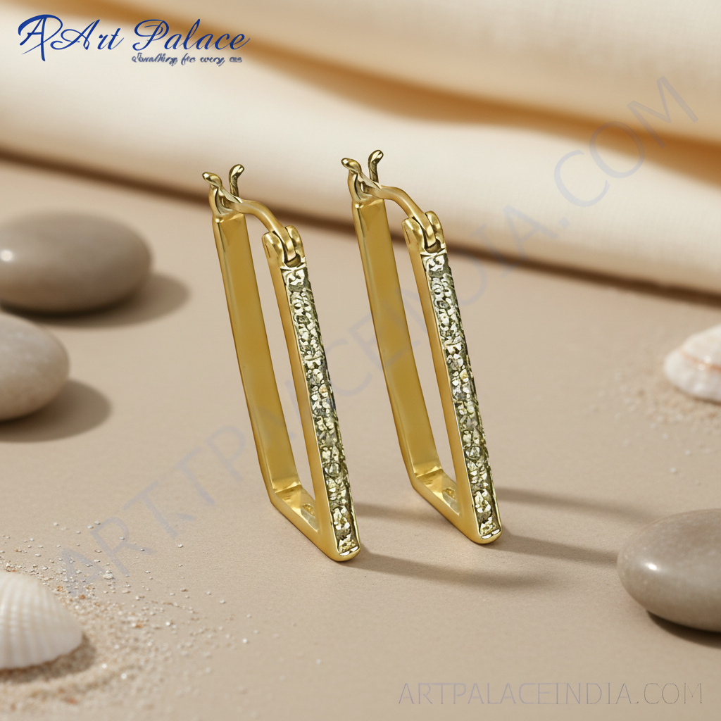 Gold Rectangle Hoop Earrings | Crystal-Accented Women's Jewelry