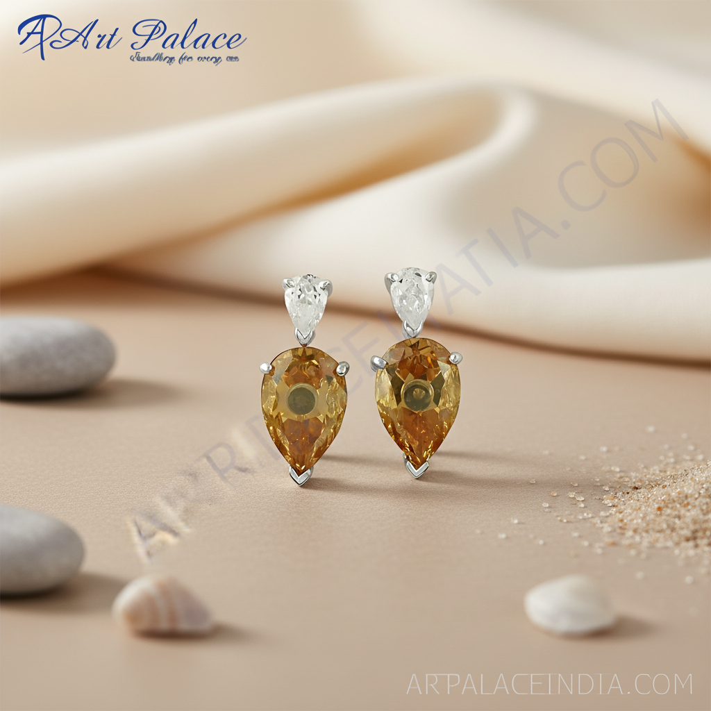 925纯银黄水晶水滴耳环（女士款）| 宝石首饰