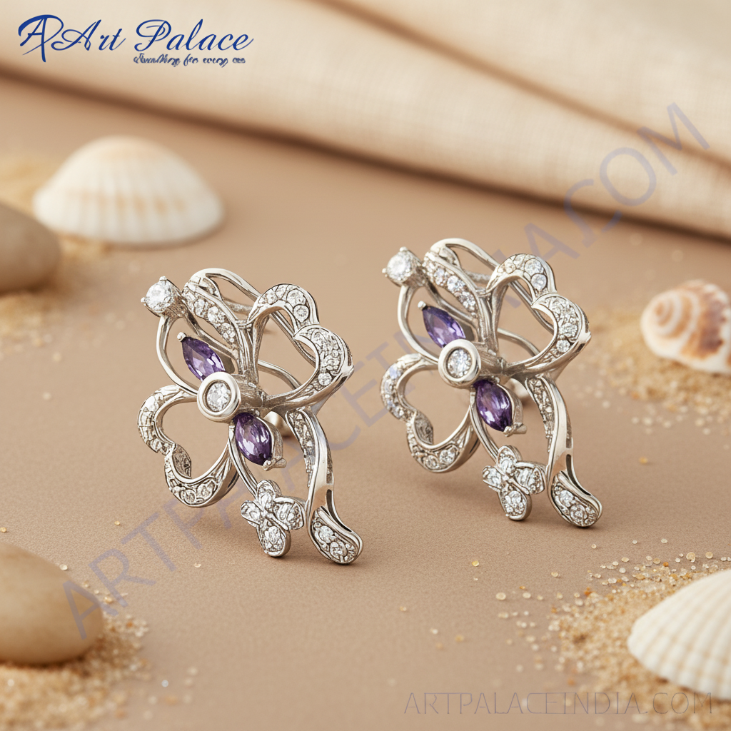 925 Silver Amethyst Stud Earrings for Women | Floral Design