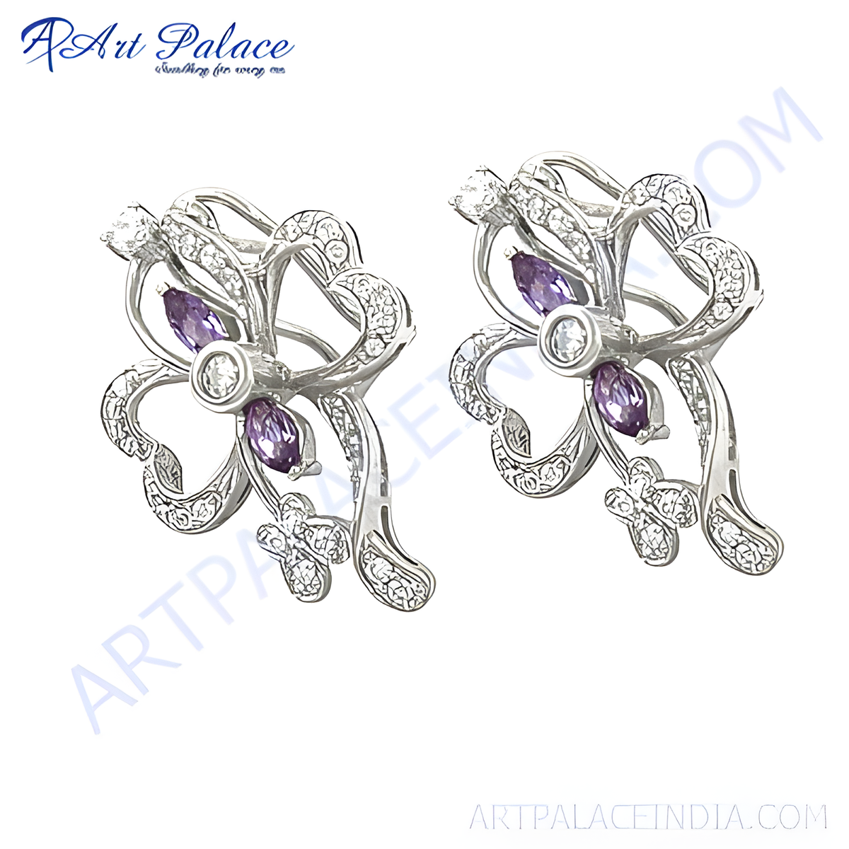 925 sterling silver stud earrings with amethyst and cubic zirconia gemstones, floral design
