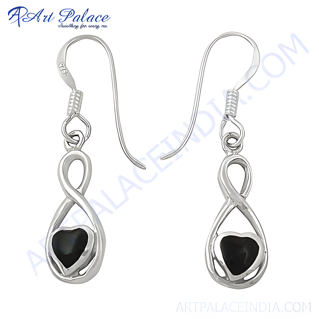 925 sterling silver drop earrings with a black heart-shaped gemstone, perfect gift for her