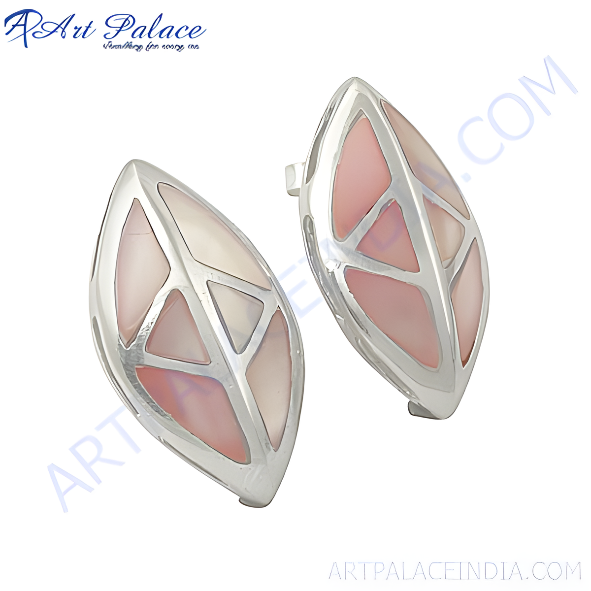 Sterling silver stud earrings with pink mother of pearl inlay in a leaf design
