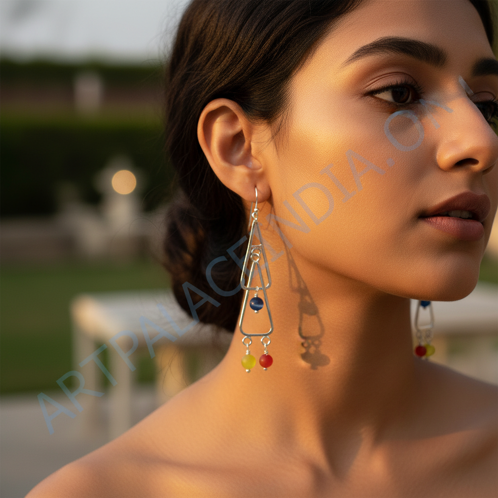 925 Silver Geometric Drop Earrings with Gemstone Accents