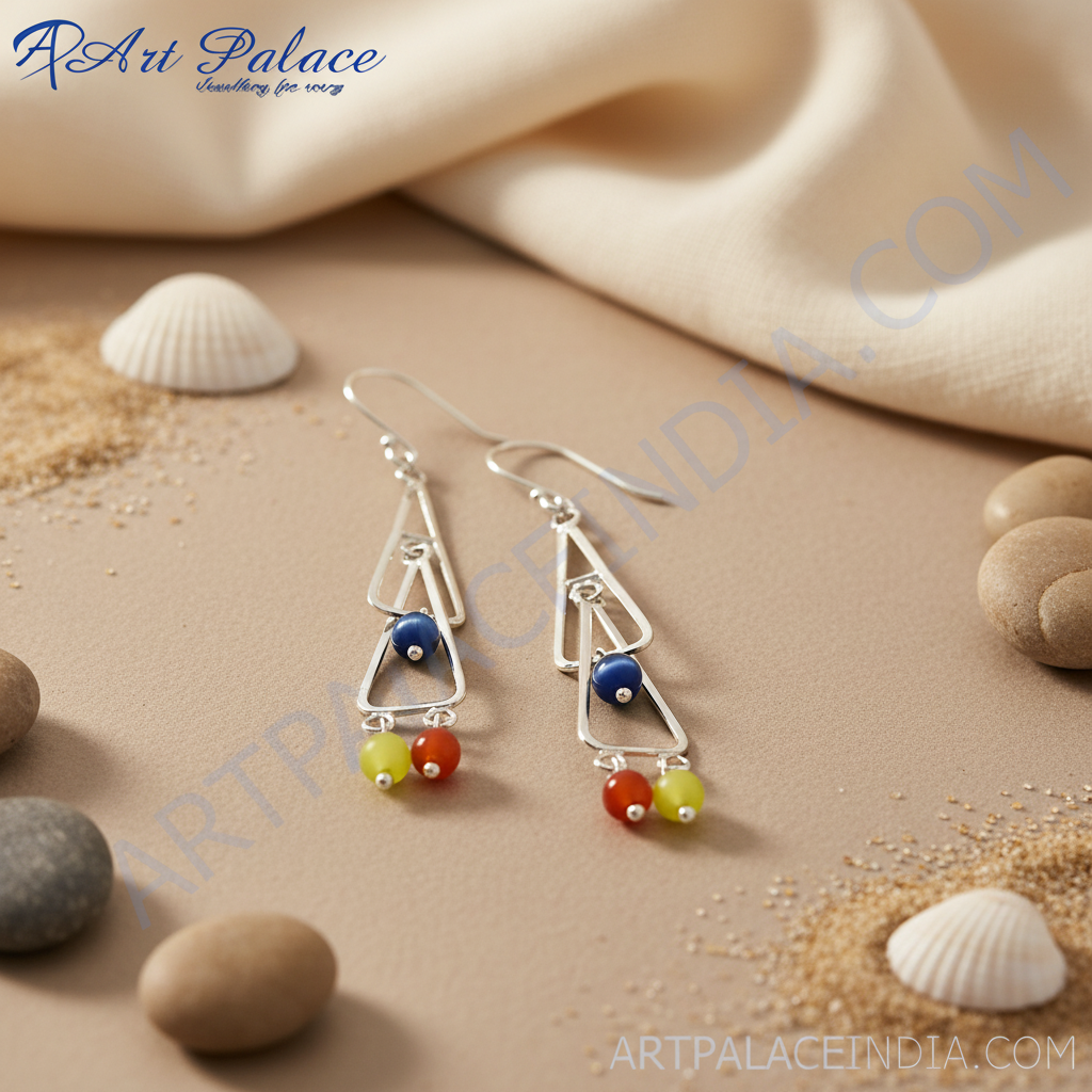 925 silver geometric drop earrings with gemstone accents