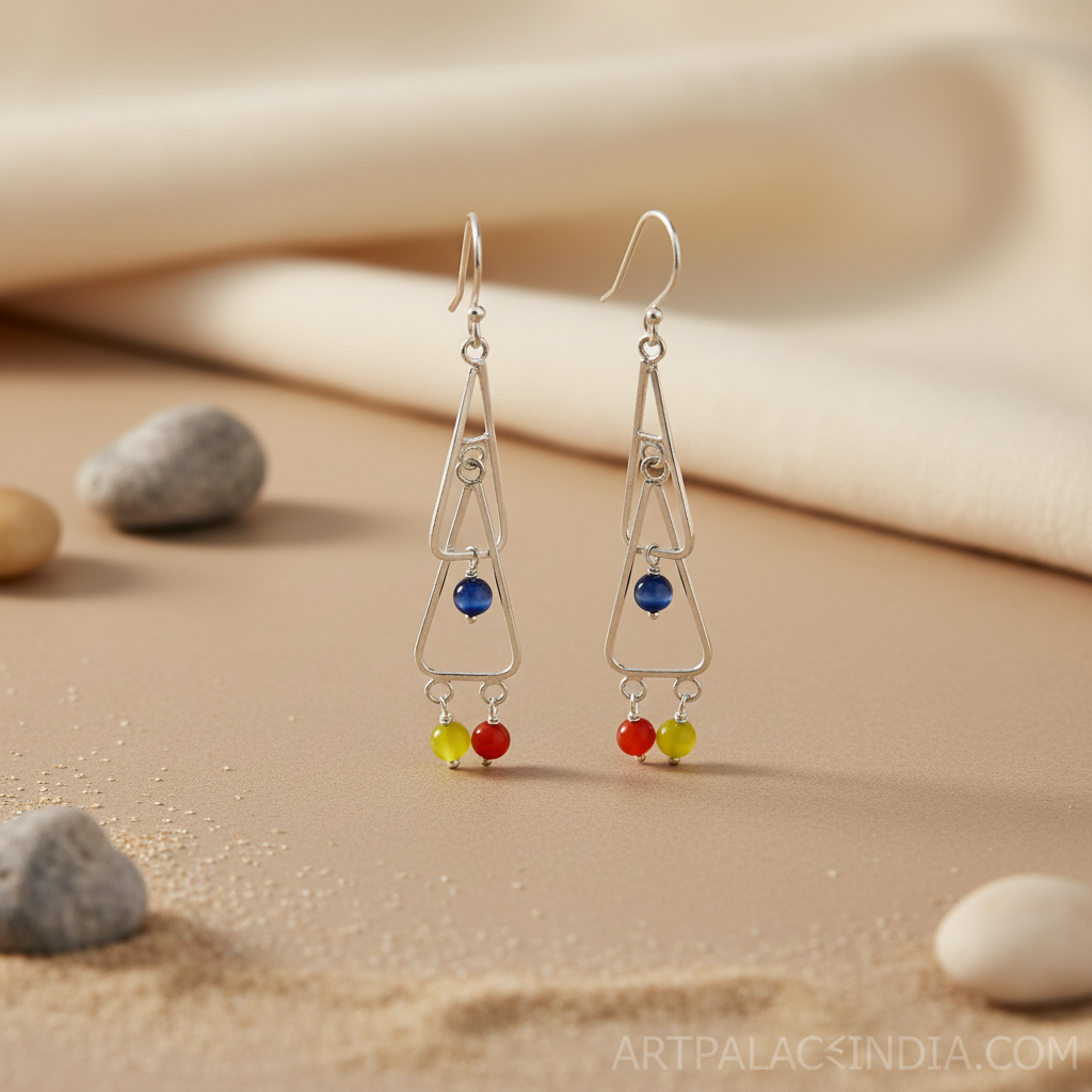 925 Silver Geometric Drop Earrings with Gemstone Accents
