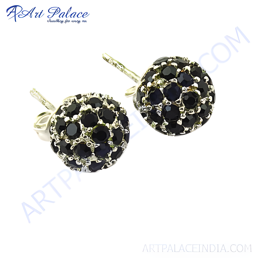 925 sterling silver stud earrings with cluster of black sapphire gemstones for women.