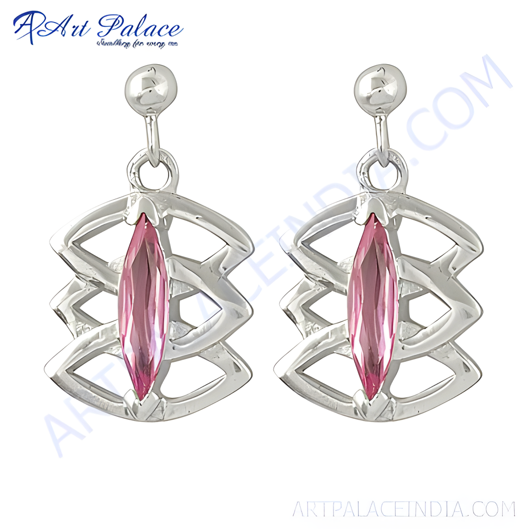 Sterling silver drop earrings featuring a pink gemstone, perfect for women.