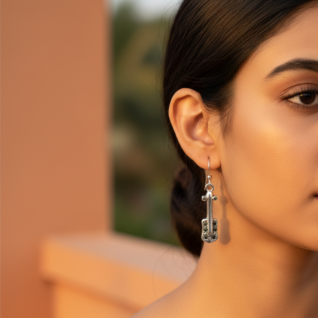 925 Silver Violin Earrings with Black Gemstones for Women