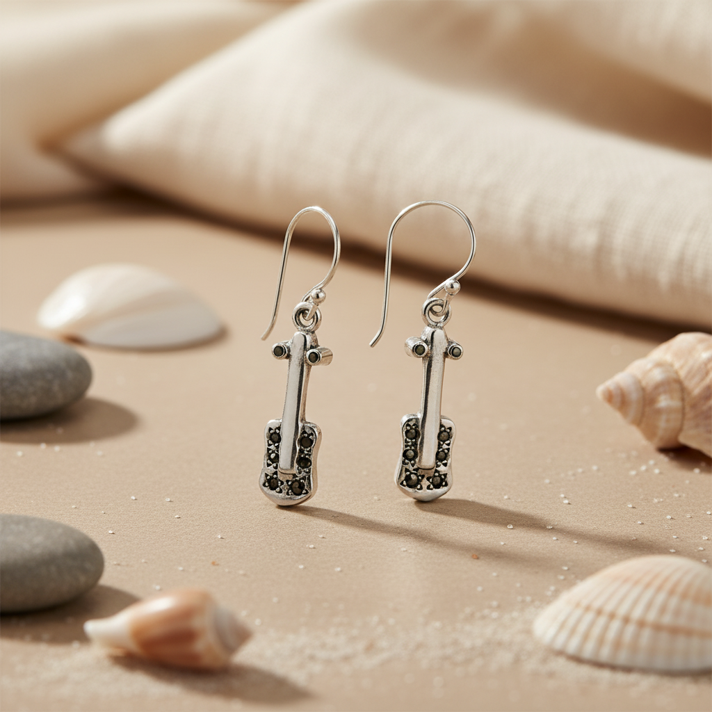 925 Silver Violin Earrings with Black Gemstones for Women
