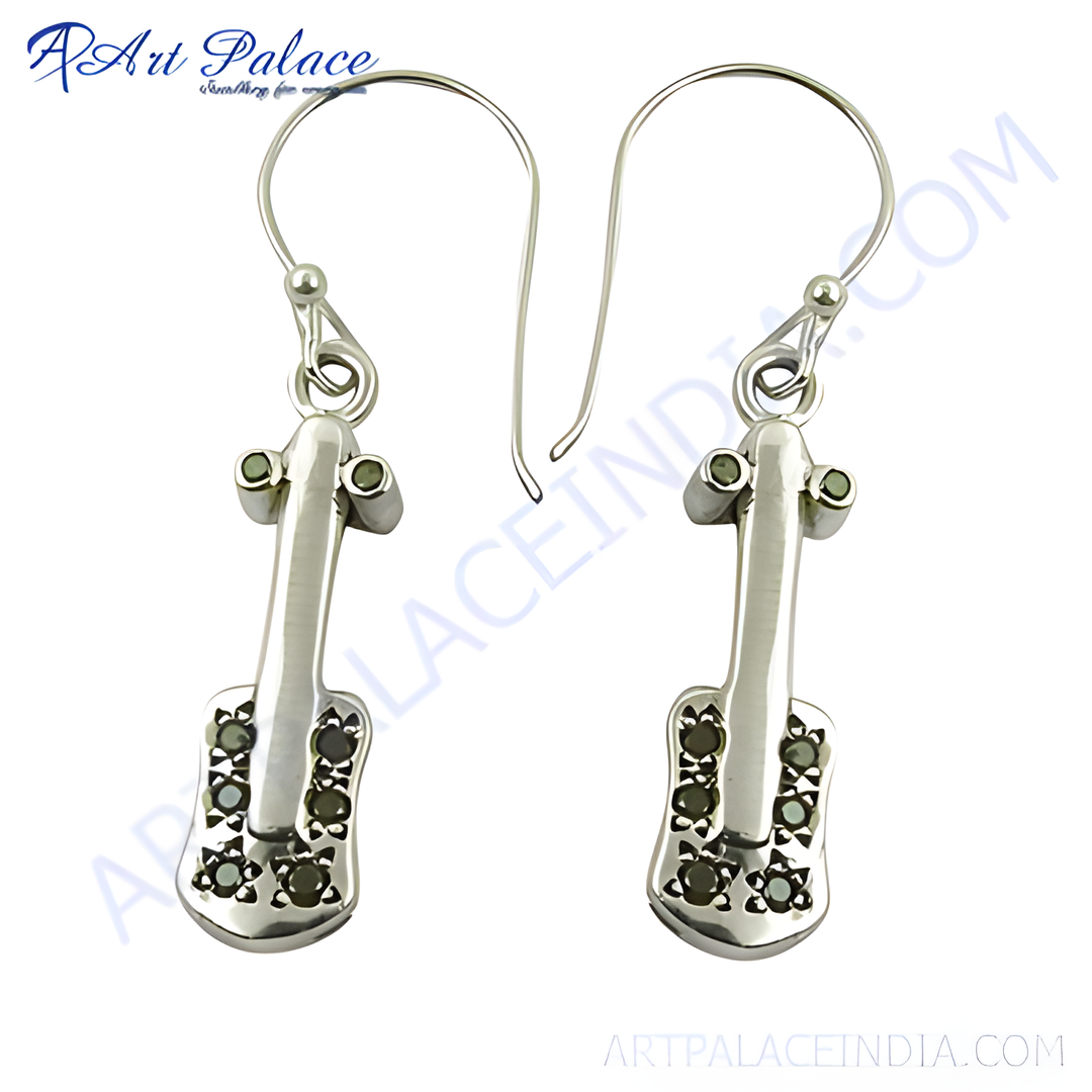 925 sterling silver violin earrings with black gemstones, elegant dangle design.