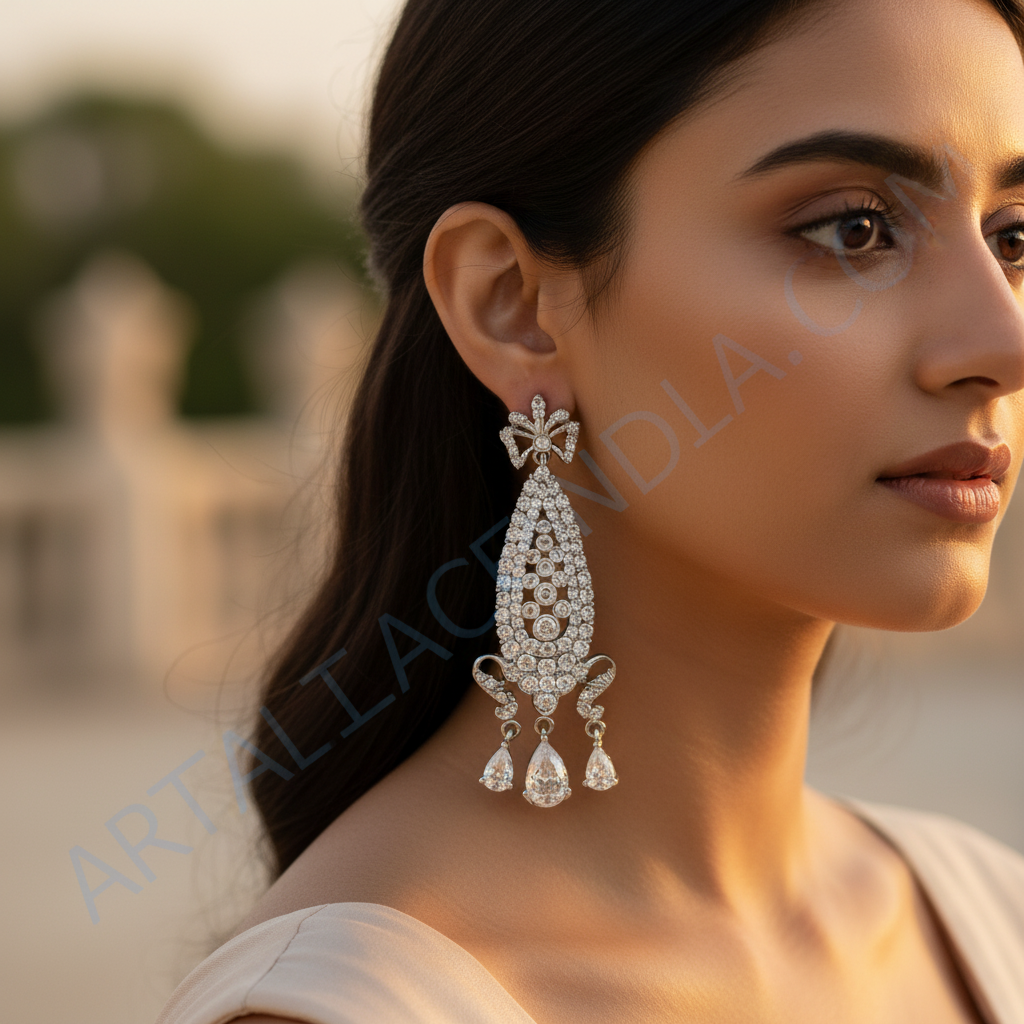 银色吊坠耳环，镶嵌白色宝石 | 女士珠宝礼物