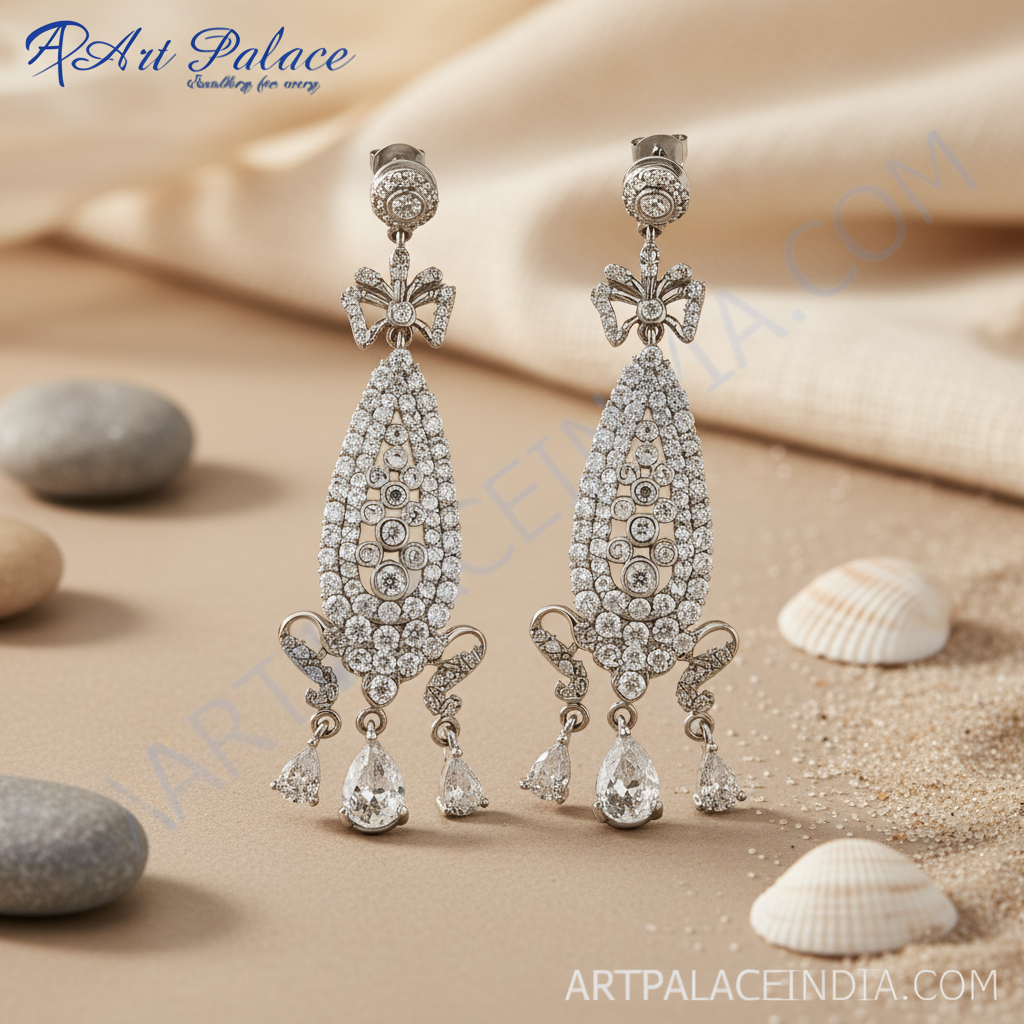 银色吊坠耳环，镶嵌白色宝石 | 女士珠宝礼物