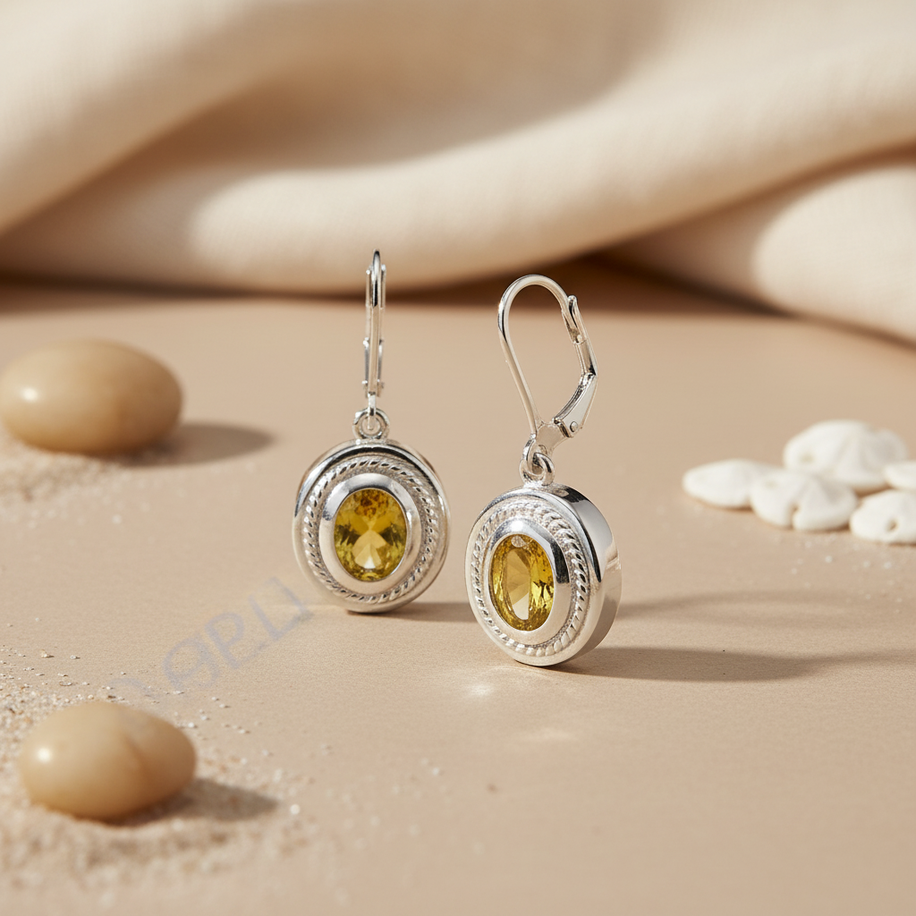 925 silver leverback yellow gemstone earrings for women