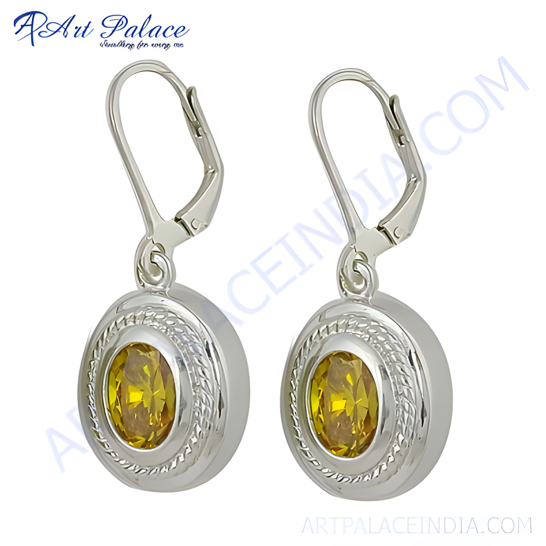 925 sterling silver leverback earrings with a yellow oval gemstone.