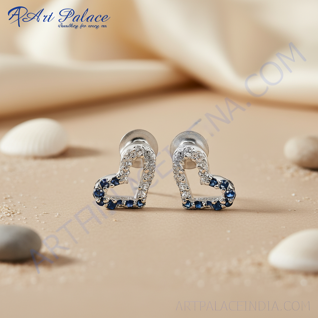 925 silver heart stud earrings with blue gemstones | women's jewelry