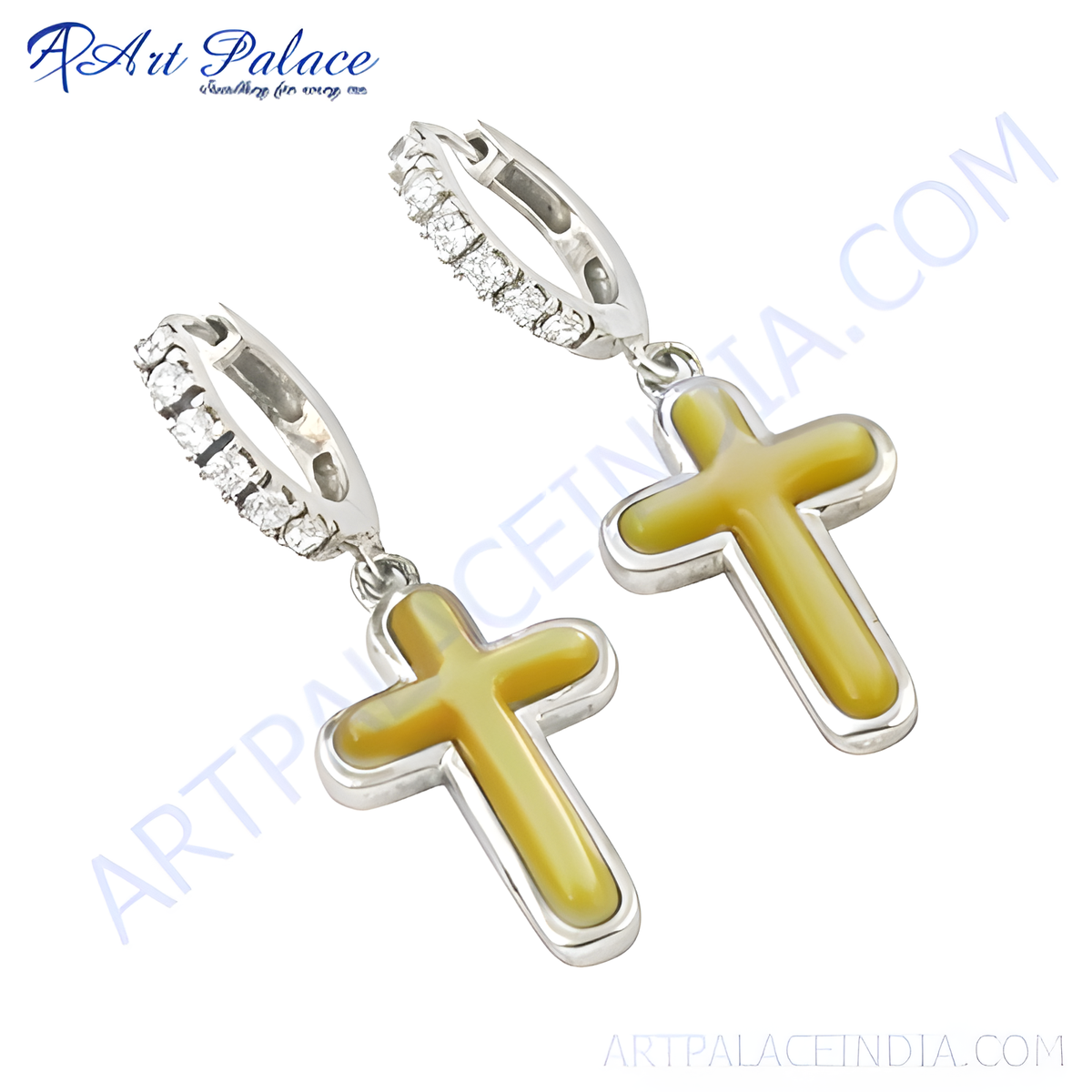 Sterling silver drop earrings featuring yellow stone cross pendants with pave set accents