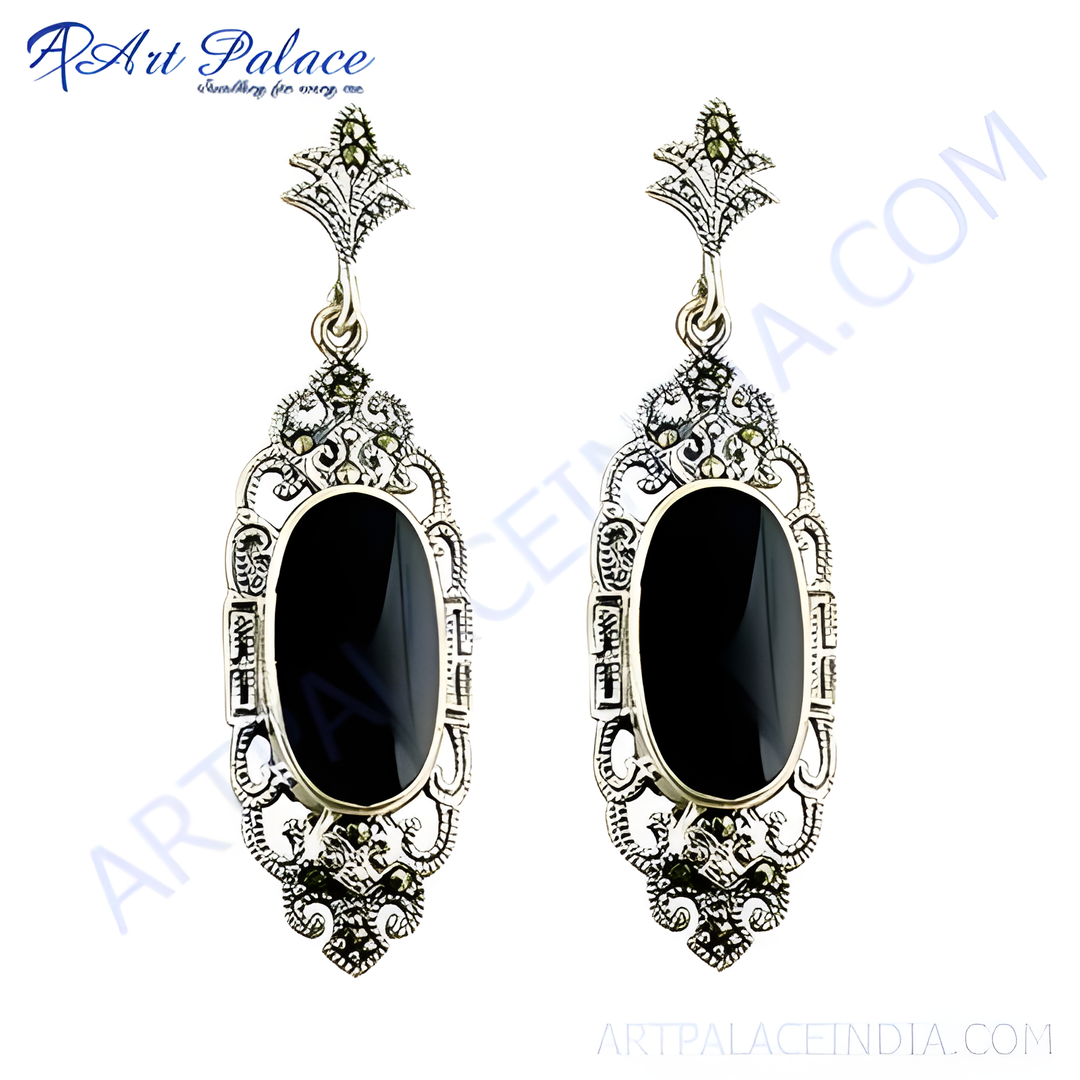 925 sterling silver dangle earrings with black onyx gemstones and intricate detailing.