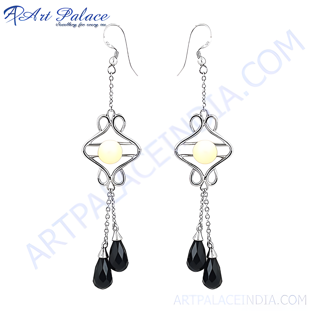 925 sterling silver dangle earrings with pearl and black onyx gemstones, perfect for women