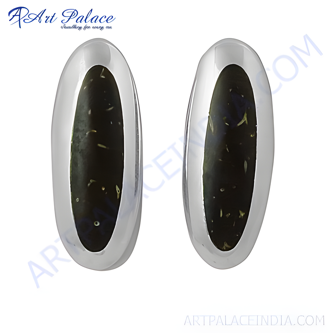 Silver oval stud earrings with a dark stone inlay for women's jewelry.