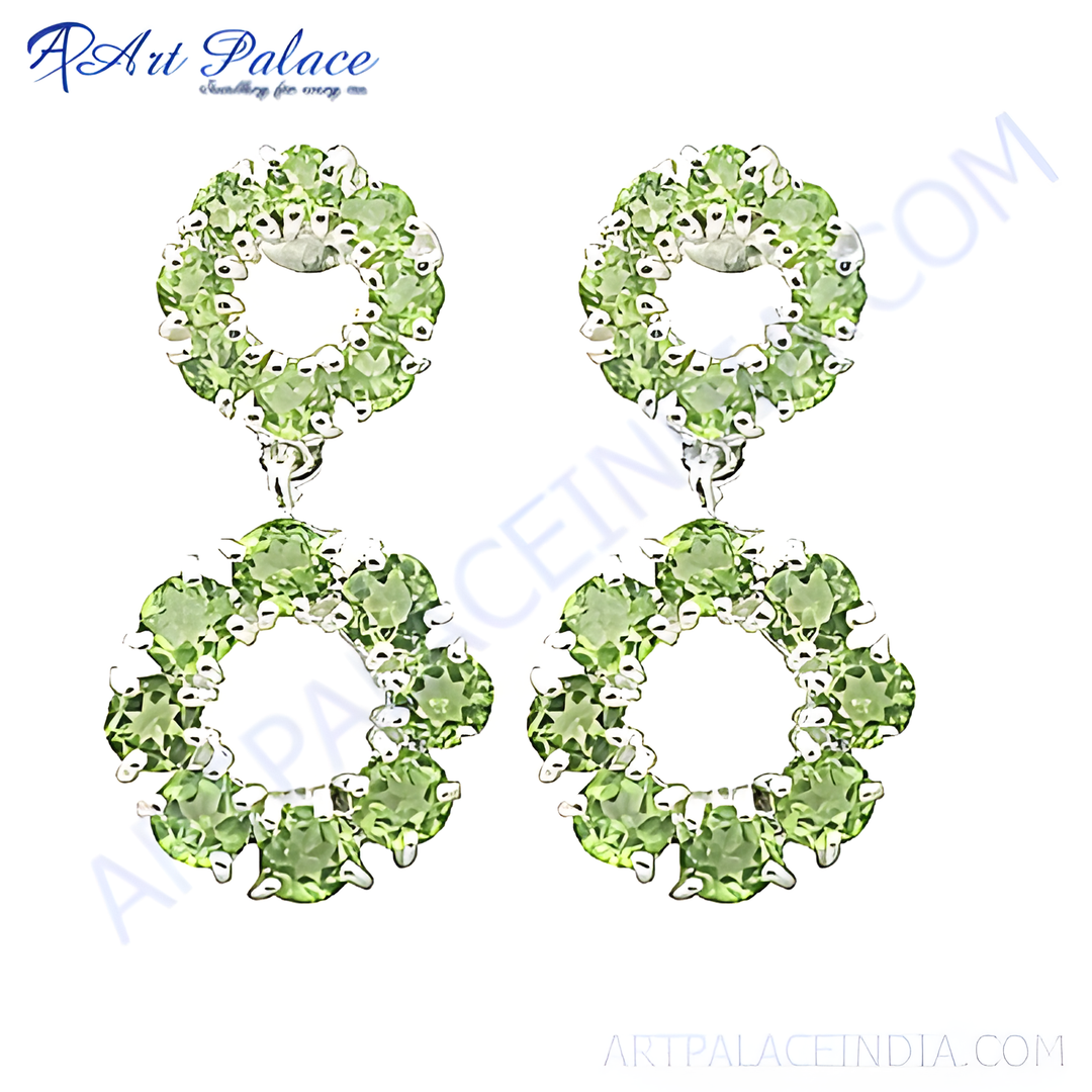 925 sterling silver dangle earrings featuring round-cut green peridot gemstones.