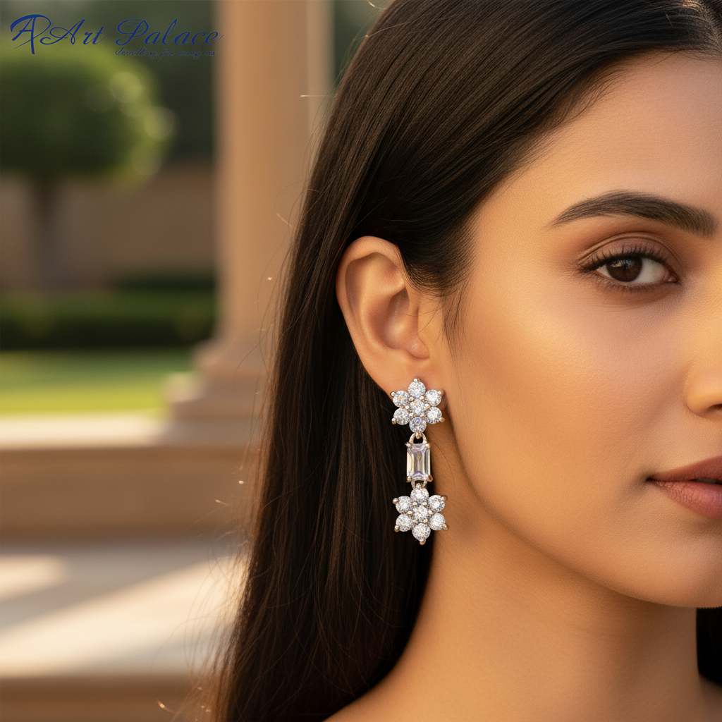 Silver Flower Drop Earrings | Cubic Zirconia | For Women