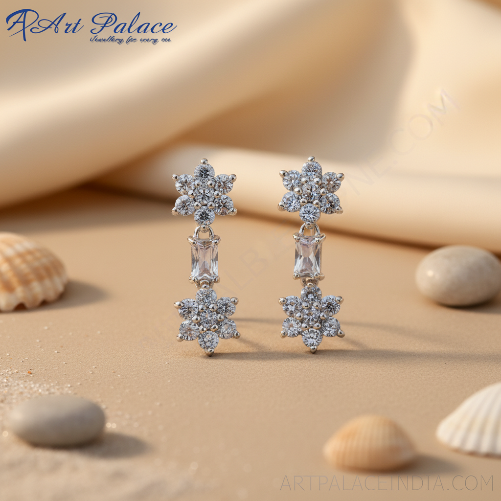 Silver flower drop earrings | cubic zirconia | for women