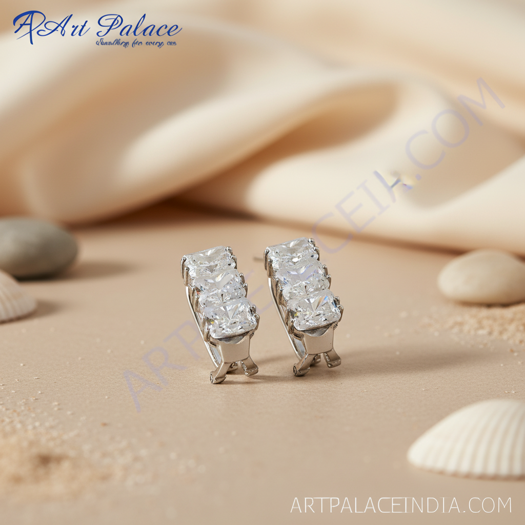 女士银色立方氧化锆耳环 | 璀璨珠宝