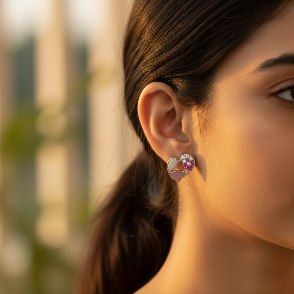 925 Silver Pink Heart Stud Earrings for Women | Gift
