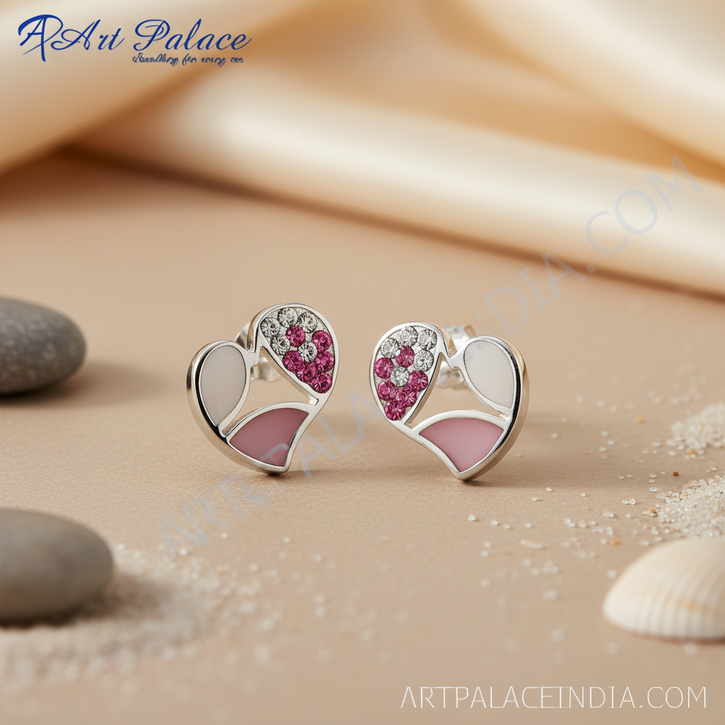 925 Silver Pink Heart Stud Earrings for Women | Gift