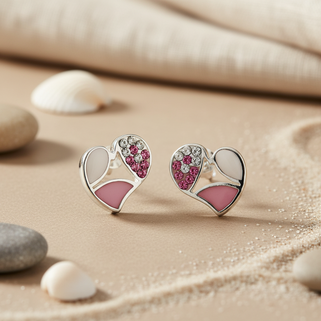 925 Silver Pink Heart Stud Earrings for Women | Gift