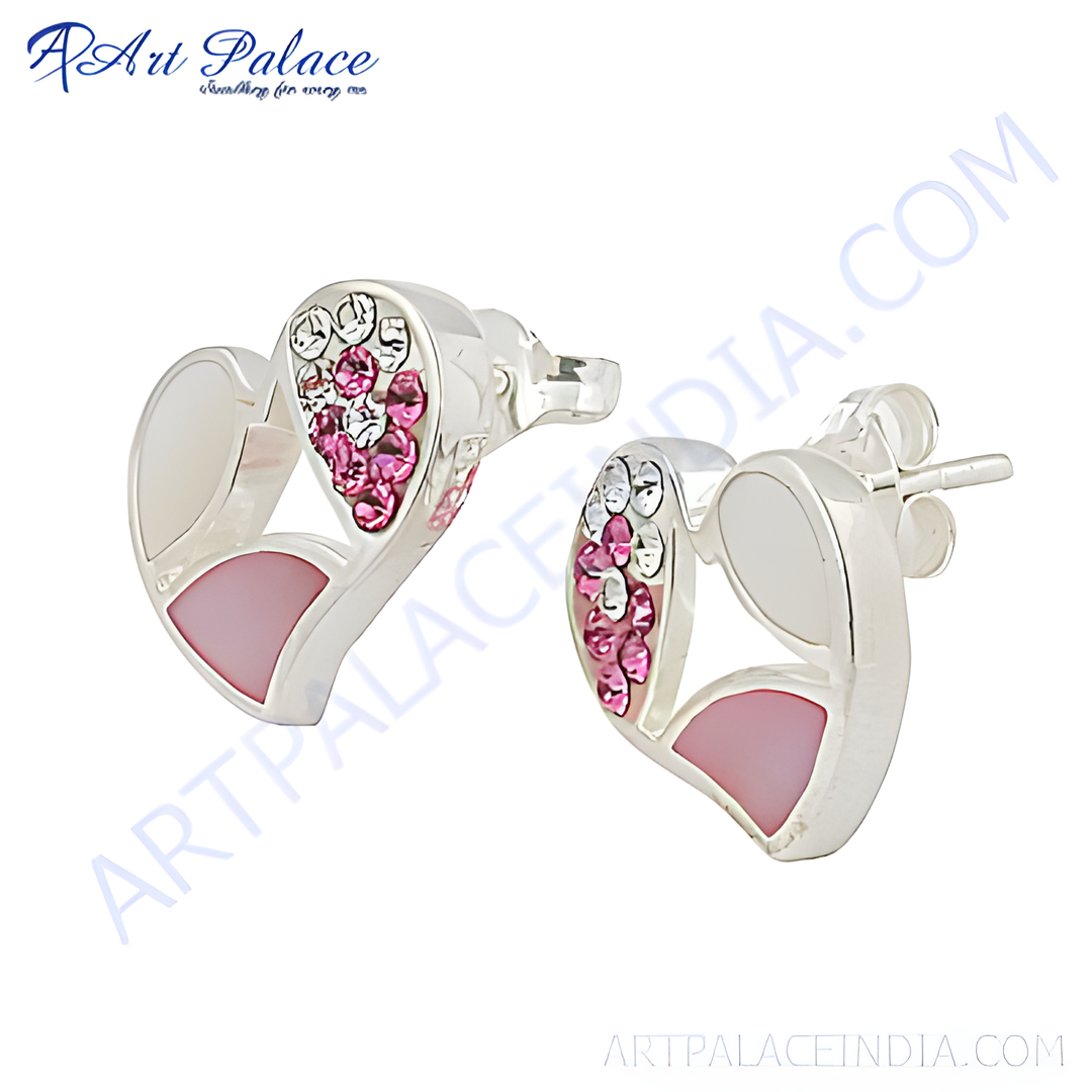 925 Sterling Silver Pink Heart Stud Earrings with pink gemstones, perfect gift for women.