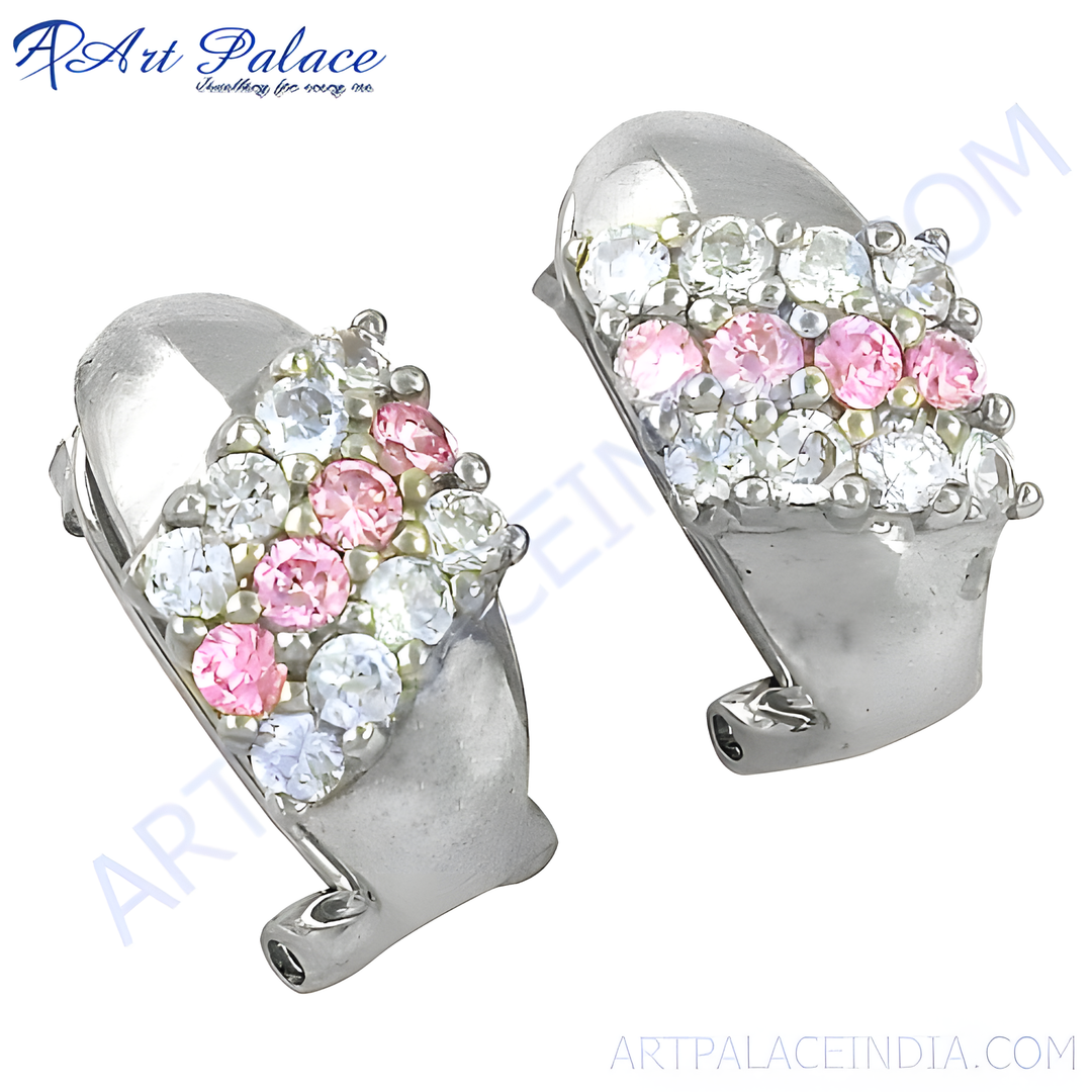 Silver hoop earrings with white and pink cubic zirconia stones, perfect for women's fashion jewelry.